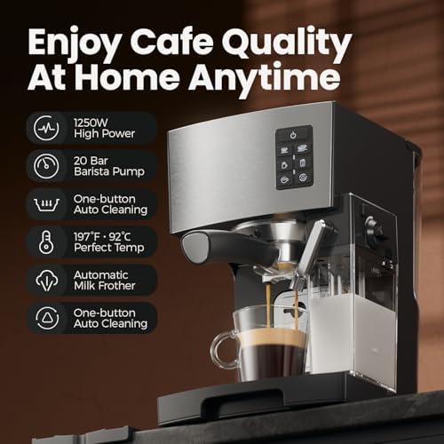Espresso Machine 20 Bar - Espresso & Coffee Maker with Automatic Milk Frother, Cappuccino Machine, Latte Maker for Home, office, 1250W