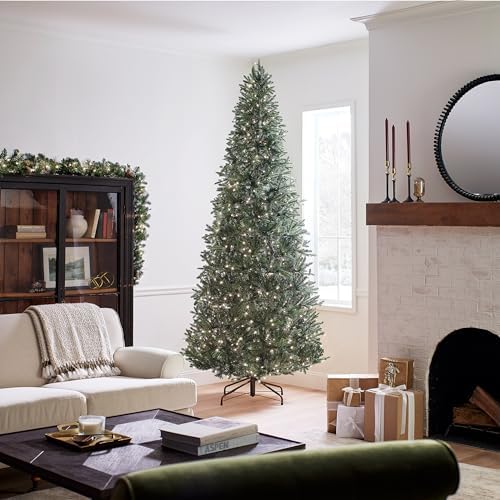National Tree Company 7.5ft Pre-Lit Tiffany Fir Slim Christmas Tree | 600 Clear Lights, 1,878 Tips, Includes Stand, Artificial, Green