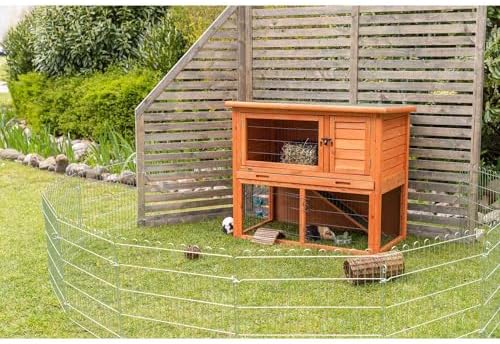 TRIXIE natura Outdoor Rabbit Hutch with Run - 2-Story Rabbit Cage with Non-Slip Ramp - Medium Elevated Small Animal House with Secure Playpen, Hinged Roof & Pull-Out Tray - in Brown