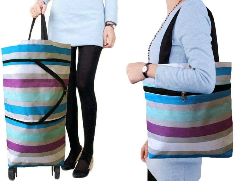 Collapsible Shopping Bag with Wheels Portable Shopping Cart with 360° Swivel Wheels Rolling Tote Bag Reusable Grocery Bag Trolley Bag on Wheels for Travel Shopping and Daily Use(Blue)