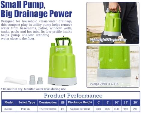 Green Expert 1/4HP Submersible Sump Pump, High Flow 1800GPH, 28FT Max Head, Portable Utility Water Pump for Basement Flooding, Emergency Water Removal