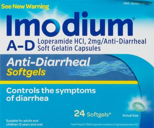 Imodium A-D Diarrhea Relief Softgels, 2mg Loperamide Hydrochloride, 24 Ct | Help Control Symptoms of Diarrhea, Due to Acute Traveler's Diarrhea, Adults 12+