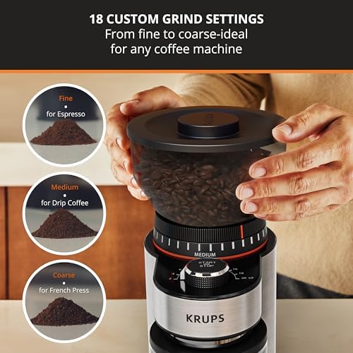 KRUPS Precision Burr Coffee Grinder: 12 Settings, 8 oz Capacity for Drip, French Press, Espresso, Pour Over, Cold Brew - Stainless Steel, 110W, Auto-Stop, Easy Clean - Coffee Grinders for Home Use