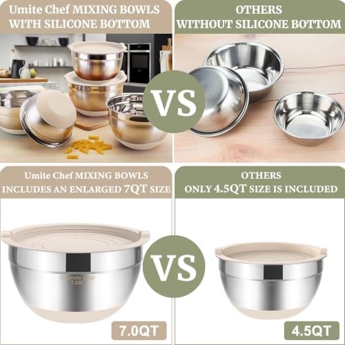 Umite Chef Mixing Bowls with Airtight Lids, 6 Piece Stainless Steel Metal Bowls, Measurement Marks & Colorful Non-Slip Bottoms Size 7, 3.5, 2.5, 2.0,1.5, 1QT, Great for Mixing & Serving