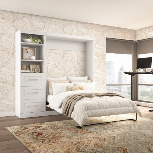 Bestar Pur Full Murphy Bed and Storage Unit with Drawers, 84-inch Space-Saving Wall Bed with Storage in White | Storage Unit with Drawers