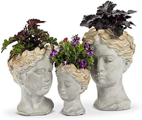 Abbott Collection Large Woman Head Planter | Hand-Finished Greco-Roman Style, Indoor & Outdoor, For Flowers & Succulents, Cement, Gray, 10"H
