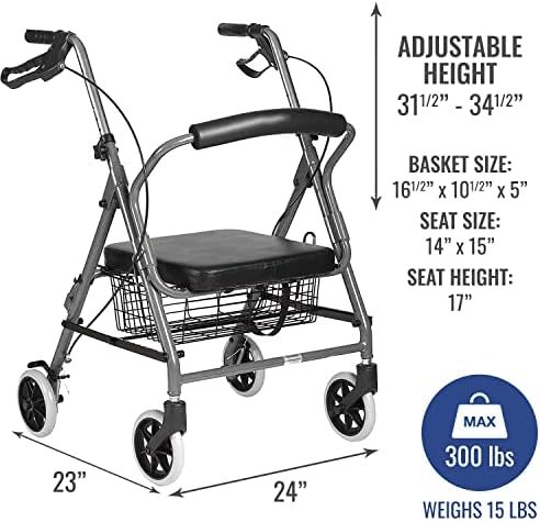 DMI Ultra Lightweight Folding Aluminum Hemi Rollator with Padded Seat, Basket and Adjustable Handle Height, Mobility Walker, Easily Fords