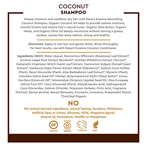 Desert Essence Coconut Shampoo for Dry Hair with Shea Butter, 8 fl oz | Deeply moisturizes, smooths frizz and restores softness