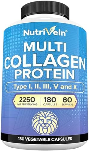 Nutrivein Multi Collagen Peptides Pills 2250 mg - 180 Capsules, 5 Types | Types I, II, III, V, X hydrolyzed peptides for women and men. Supports hair