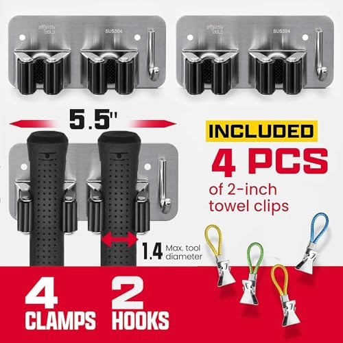 Wall Mount Hanger for Brooms & Mops - Adhesive Stainless Steel Mops & Broom Holder, 4 Clamps, 3 Hooks