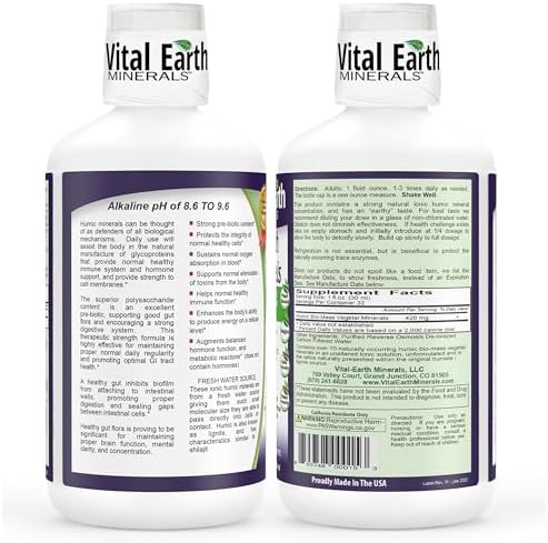 Vital Earth Minerals Super Strength Humic Minerals – Fulvic Acid Supplement with 70+ Trace Minerals, Electrolytes for Detox & Digestion, 32 Oz + 1 Oz Cup
