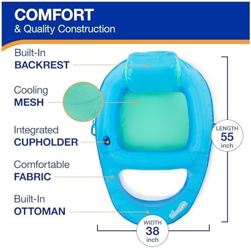 SwimWays Spring Float Recliner Chair for Swimming Pool, Inflatable Pool Floats Adult with Fast Inflation, Cup Holder & Foot Rest for Ages 15 & Up