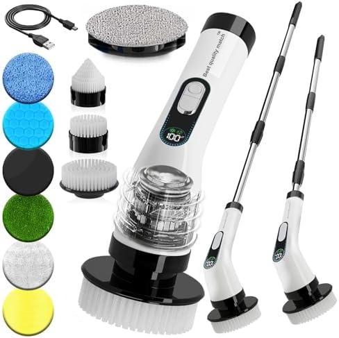 Electric Spin Scrubber for Cleaning, Cordless Power Scrubber with Long Handle, 10 Replaceable Brush Heads, 2-Speed, IPX7 Waterproof for Bathroom