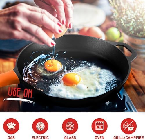 NutriChef 10 Inch Cast Iron Skillet with Lid - Pre-Seasoned Small Fry Pan with Side Drip Spout and Silicone Handle