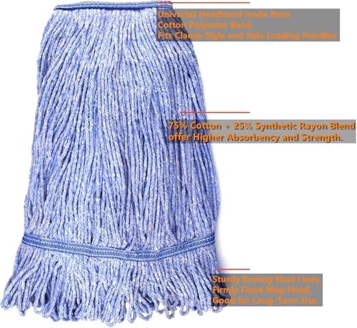 String Mop Heads Replacement Heavy Duty Commercial Grade Blue Cotton Looped End Wet Industrial Cleaning Mop Head Refills (4, Medium)