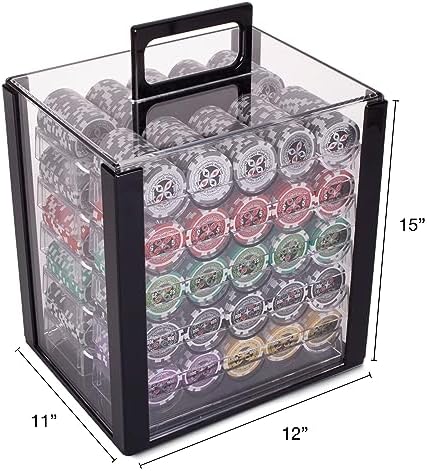 Brybelly Poker Chips 1000 Chips Set with Acrylic Case - Heavyweight 14g Poker Chips Set with 10 Removable Trays and 11" x 12" x 15" Portable Case