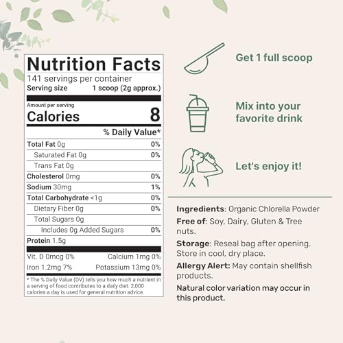 Organic Chlorella Powder, 10 Ounce, Broken Cell Wall, Rich in Vegan Proteins & Vitamins, Raw, Bulk Premium Chlorella Supplement, Vegan Friendly