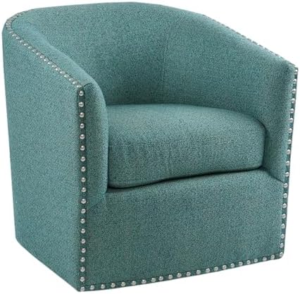 Madison Park Swivel Barrel Accent Chair, Upholstered Curved Back with 7-Inch Thick Woven Cushion, 360° Swivel, Nailhead Trim, Comfy Chair for Living Room, Bedroom, Office, 28" Wide, Neutral, Tyler