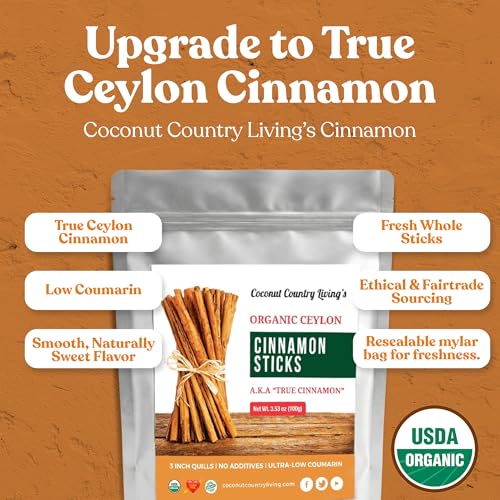 Organic Ceylon Cinnamon Sticks 8 oz - Whole Sticks from Sri Lanka, USDA | True Cinnamon 3" Quills, Fair Trade, Non-GMO, Gluten Free, Low Coumarin, Naturally Sweet Aroma, for Tea, Baking & Cooking