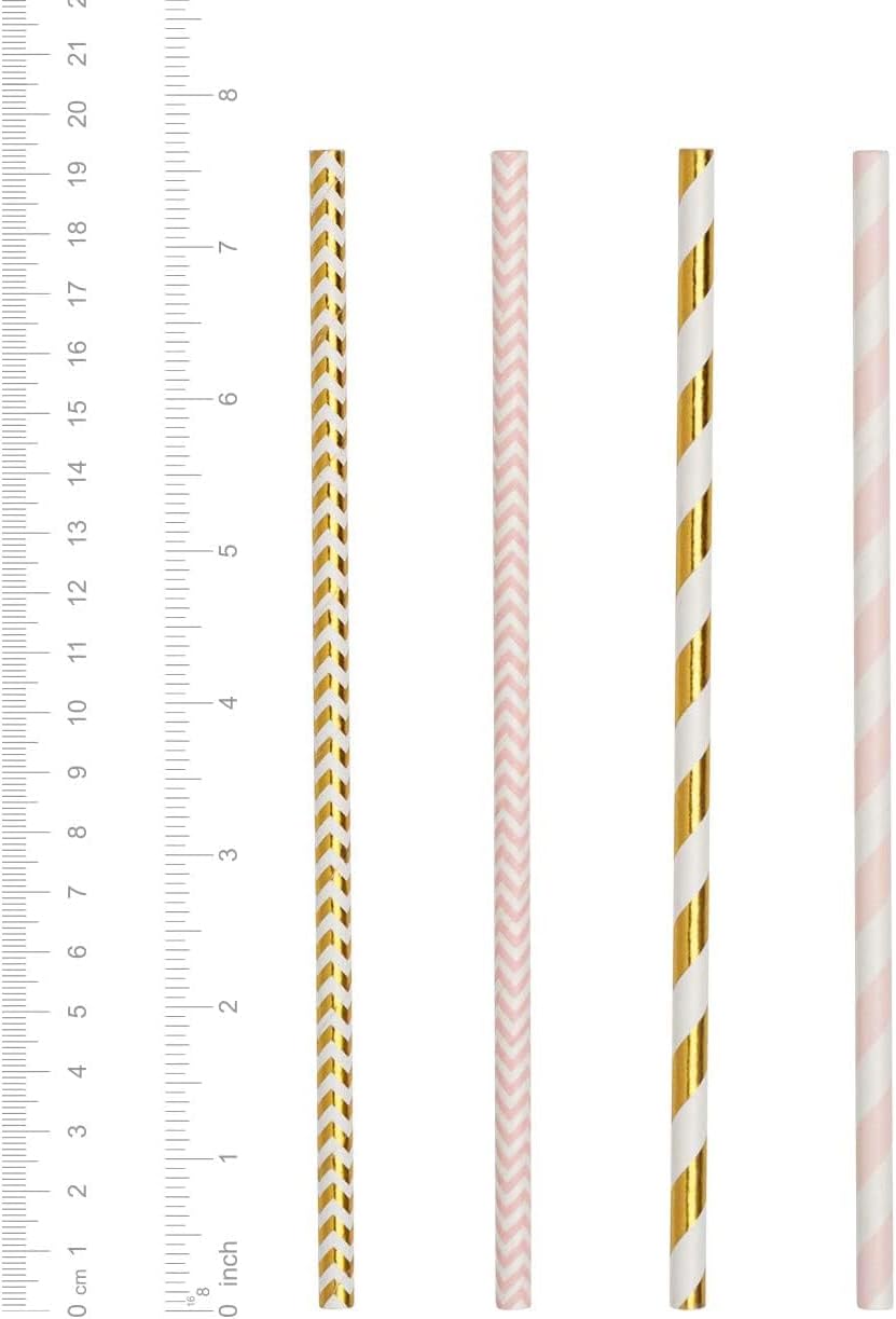 GUSTO [200 Pack] light Pink & Gold Paper Straws Disposable, 100% Biodegradable Multi-Pattern Party Straws For Birthday