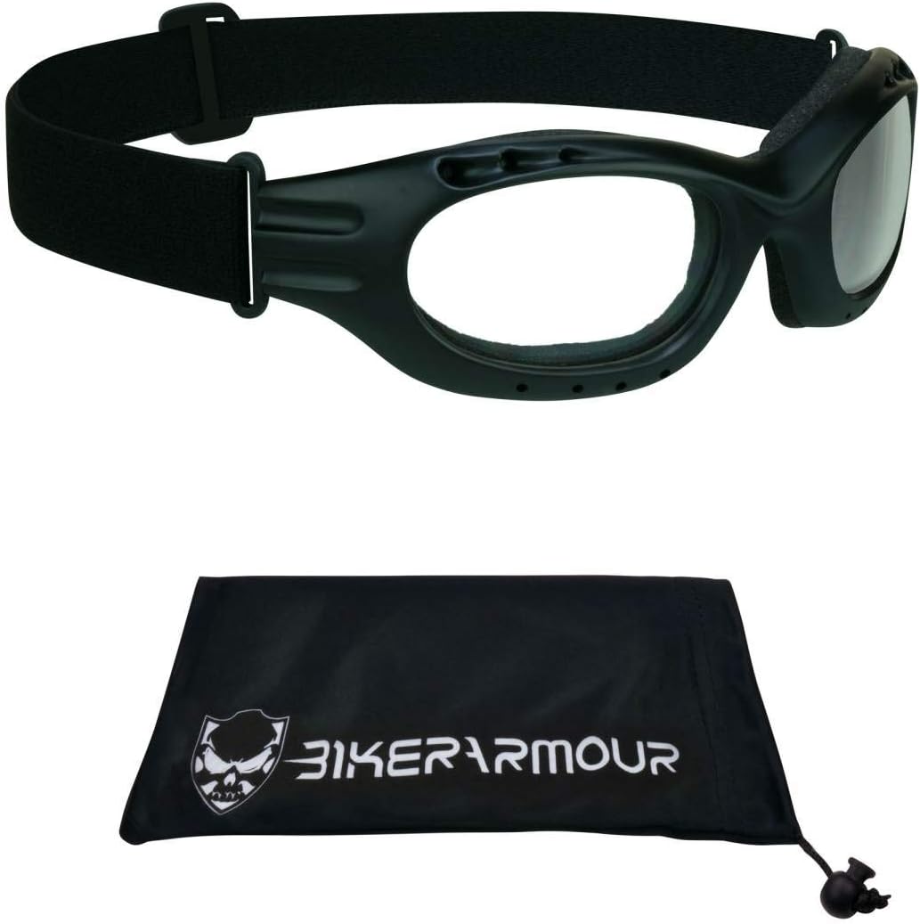 Bikershades Motorcycle Safety Riding Goggles Men Women. Polarized Lens, Smoke, Mirrored Blue or Orange, Clear Yellow Lenses