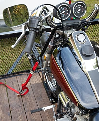 Camco Steel Universal Tire Fit Motorcycle Wheel Chock Mount for Truck Bed or Trailer Floor, Includes 2 Handlebar Straps