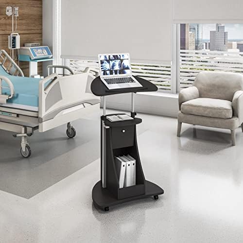 Techni Mobili Adjustable Height Rolling Laptop Cart with Storage, Graphite | Adjustable height rolling laptop cart with storage drawer, open shelf, wheels, sit‑stand design for office or medical use