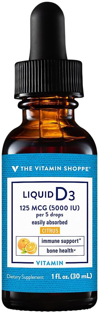 The Vitamin Shoppe Vitamin Liquid D3 5000IU, Supports Bone & Immune Health, Aids in Healthy Cell Growth & Calcium Absorption, Citrus Flavor
