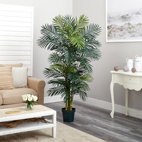 Nearly Natural 6.5 ft Artificial Golden Cane Palm Tree with Nursery Pot | Lifelike Silk Indoor Palm, Three Textured Trunks, Flexible Fronds, Low-Maintenance