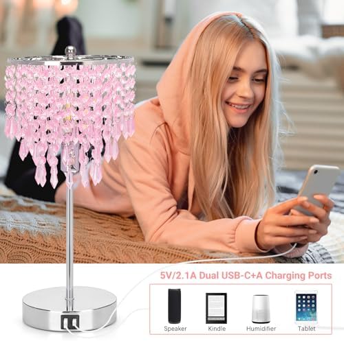 Touch Control Crystal Table Lamp with USB C+A Charging Ports, 3-Way Dimmable Bedside Touch Lamp Decorative Nightstand Lamp with Elegant Lampshade for Living Room Bedroom, B11 LED Bulb Included
