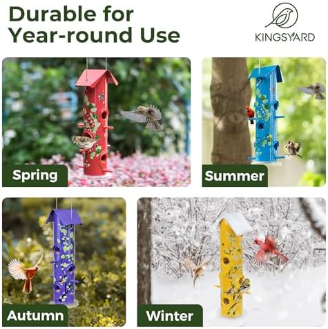 Kingsyard Metal Bird Feeders for Outdoors Hanging, Tube Bird Feeder | 14 in, 6 Feeding Ports, drainage holes, 2 lbs Seed Capacity, Weatherproof, Stays Dry & Fresh, Easy to Clean & Refill, Yellow