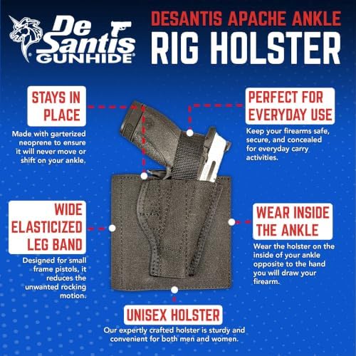 Desantis Apache Concealed Ankle Rig Holster - Right Hand, Black | Fits Diamondback DB380, Beretta Pico, Kahr P380, S&W Bodyguard/2.0 .380