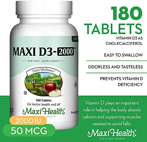 Maxi Health Kosher Vitamin D3 2000IU - Highly Absorbable Vitamin D Supplements for Healthy Immune Response, Calcium Absorption, Teeth & Bone Health - D3 Vitamin 2000 IU -180 Tablets