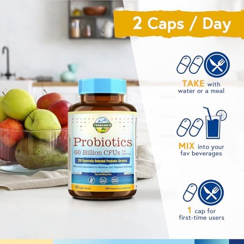 Terranics Probiotics 60 Billion CFU, 20 Strains, 60 Veg Capsules, Prebiotics & Probiotics, Shelf Stable Probiotic Supplement for Men & Women, Non-GMO