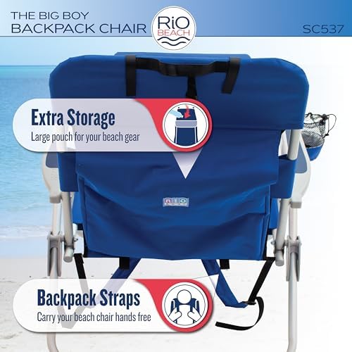 Rio Beach 2-Pack Wide Big Boy 4-Position Backpack Beach Chair with Pillow, Arms, and Storage Pouch, Lightweight Outdoor Portable Camping Chair with Carry Straps, Supports up to 300 lbs., Blue/Red