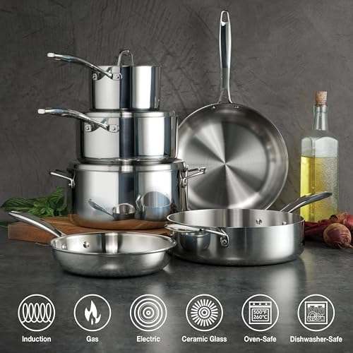 Tramontina Signature Tri-Ply Clad Stainless Steel 8-Pc Pots and Pans Set | Cookware Kitchen Set, Induction-Ready, Dishwasher-Safe, NSF-Certified, Made in Brazil