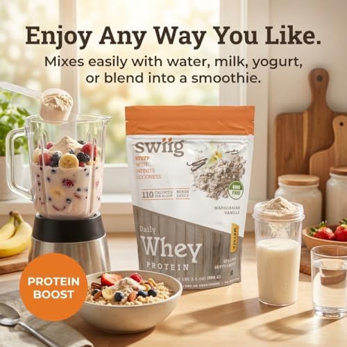 swiig Madagascar Vanilla Whey Protein Powder 20g Muscle Recovery 2.2 lb | Gluten-free, non-GMO daily nutrition supplement with digestive enzymes. Keto-friendly smoothie mix yields 35 servings.