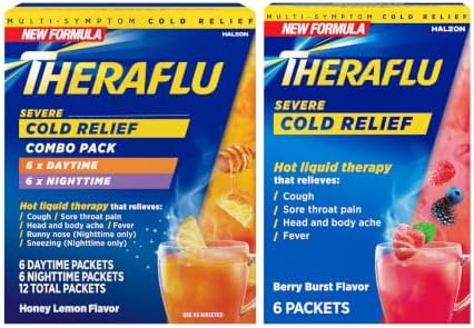 Theraflu Day and Night Pack, Severe Cold Relief, 18 Packets | Cold, Cough, and Flu Relief Powder for Use in Hot Liquids, Dual Formulas for Day and Night, Multiple Tea Flavors
