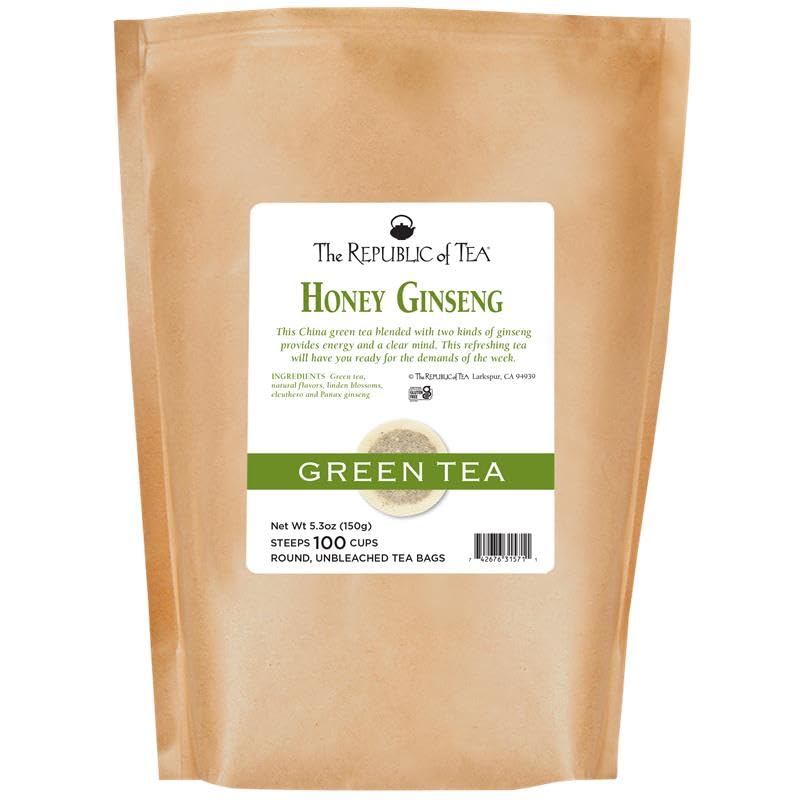 The Republic of Tea Daily Green Honey Ginseng Green Tea, 50 Count | Low Caffeine. A gentle cup for everyday sipping. Fresh with light vegetal notes. Gluten Free and Carb Free.