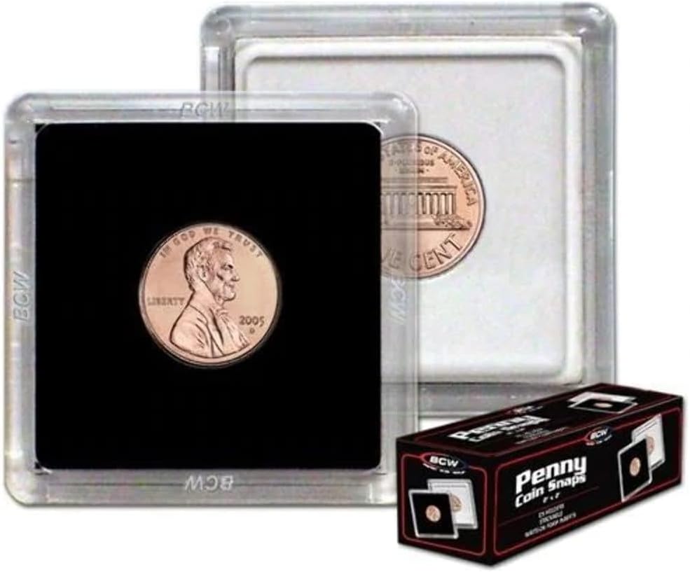 BCW 2x2 Coin Snap - 25 ct Penny Holder | Archival Safe Coin Protector | Crystal Clear Polystyrene Coin Display Case | Ideal for US Lincoln Penny | Coin Holders for Collectors