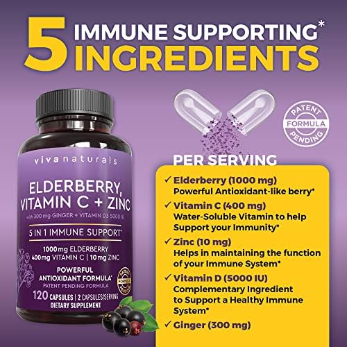 Viva Naturals Elderberry with Vitamin C and Zinc for Adults - 5 in 1 Sambucus Black Elderberry Capsules with Vitamin D3 5000 IU Immunity Supplement