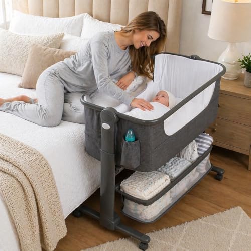 KoolerThings Baby Bassinet, Bedside Sleeper for Baby, Easy Folding Portable Crib with Storage Basket for Newborn, Bedside Bassinet