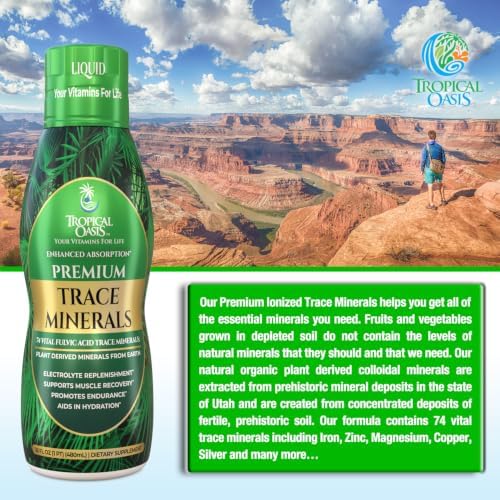 Tropical Oasis - Premium Ionized Plant Based Trace Minerals Liquid Formula- 74 essential minerals in liquid form for up to 96% Absorption - 16 oz, 32 servings