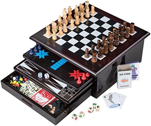 Board Game Set - Deluxe 15 in 1 Tabletop Wood-accented Game Center with Storage Drawer (Checkers, Chess, Chinese Checkers, Parcheesi, TicTacToe