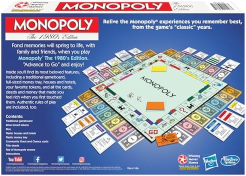 Monopoly The 1980's Edition, with Original Art, by Winning Moves Games USA | Includes Classic Tokens, For 2 to 8 Players, Ages 8+