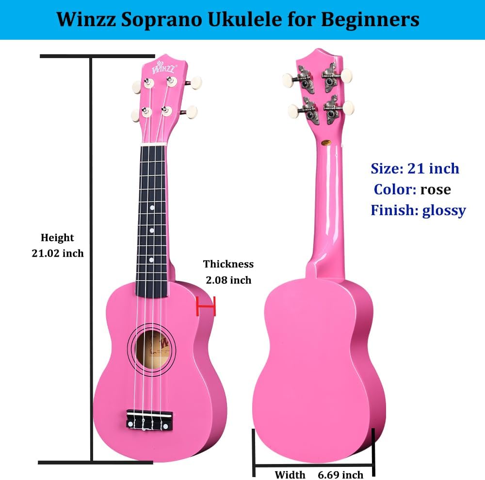 Winzz Soprano Ukulele Starter Kit For Beginners with Bag, Clip-On Tuner, Extra Strings, Strap, Plectrum, Fret Stickers, Chords Card, Polishing Cloth, Black