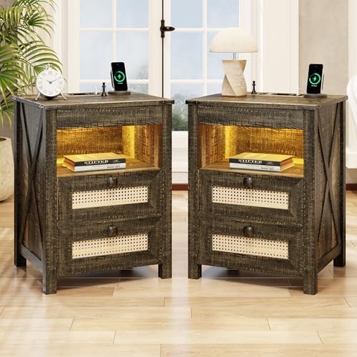 LED Night Stand with Gun Drawer & Charging Station | Human Sensor Lights, Hidden Storage, Farmhouse Rattan Style, 3 Drawers, Bedside Table for Bedroom, End Tables Livingroom