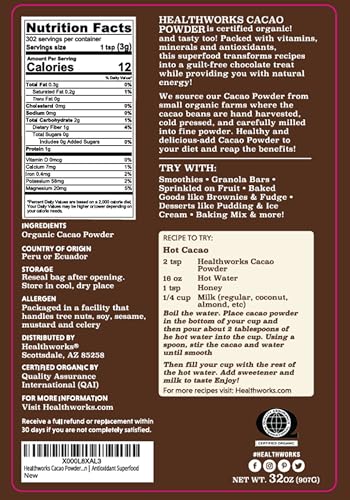 Healthworks Superfoods Organic Cacao Powder 1 lb Unsweetened Vegan Non-GMO | Organic, Unsweetened, Antioxidant, Magnesium, Non-GMO, Vegan, Keto, For Baking, For Smoothies, For Hot Chocolate, Paleo