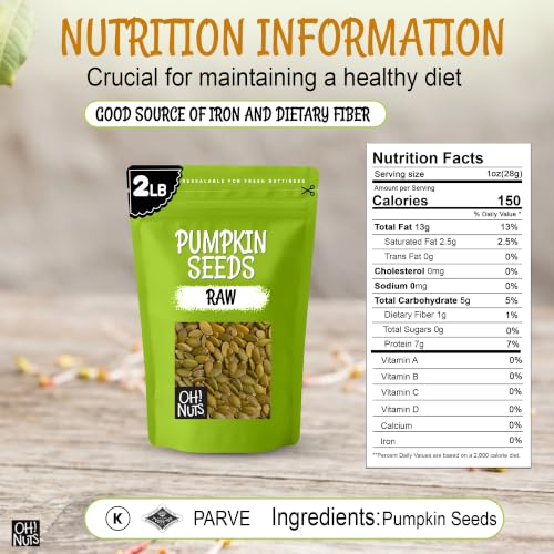 Oh! Nuts Raw Pumpkin Seeds Unsalted Pepitas 1 Pound - 100% Natural | Raw pumpkin seeds unsalted - 100% natural organic pepitas to eat - No shell - Packed in NY - Resealable zip-seal bag