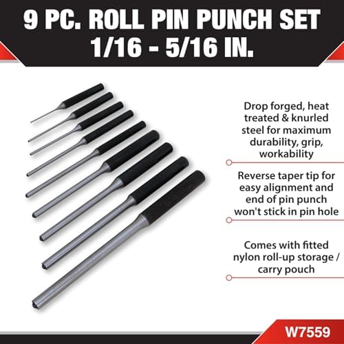 Performance Tool W758 5-Piece 8 in. Long Pin Punch Set | Carbon steel construction with hardened tips. Knurled handles for sure grip. Reaches deeply set pins